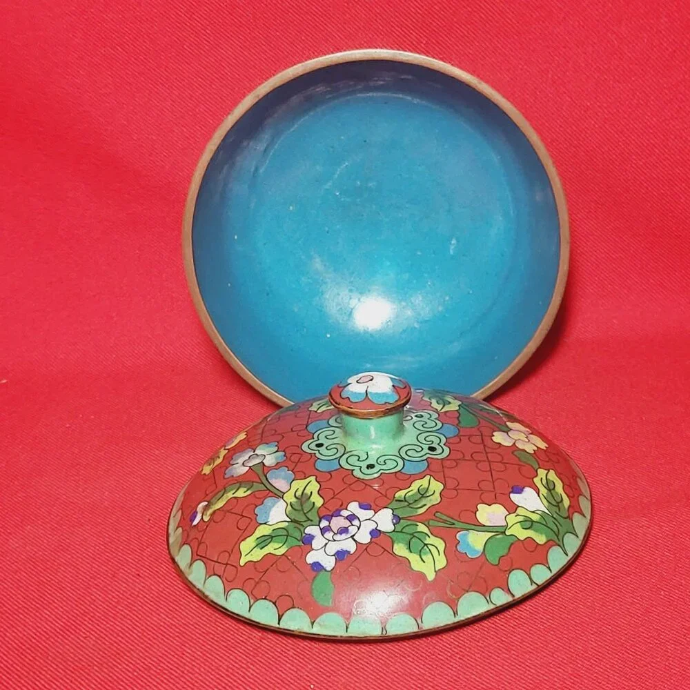 Vintage Cloisonné Brass Bowl With Lid Covered Red Dish